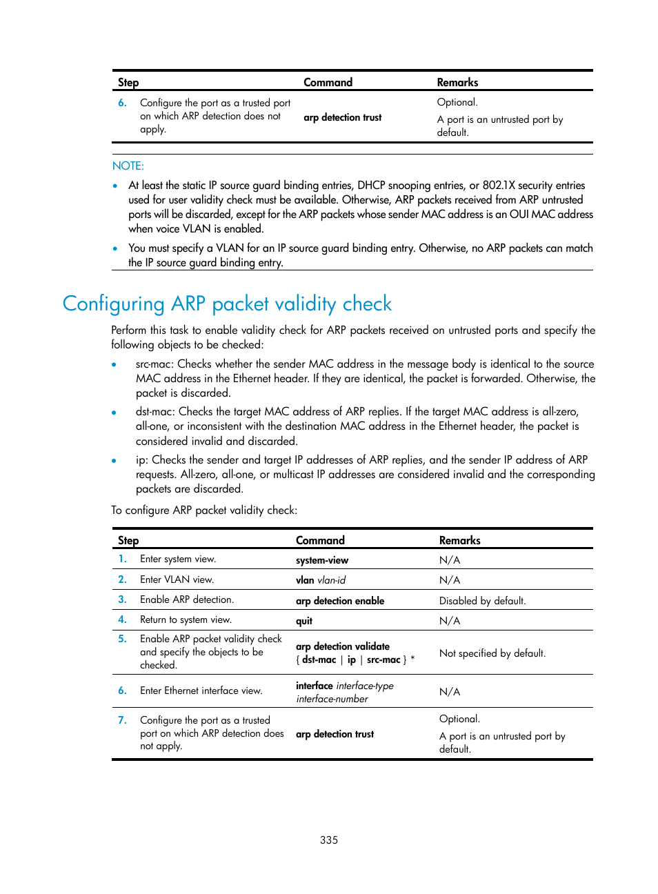 Configuring arp packet validity check | H3C Technologies H3C WX3000E Series Wireless Switches User Manual | Page 349 / 394