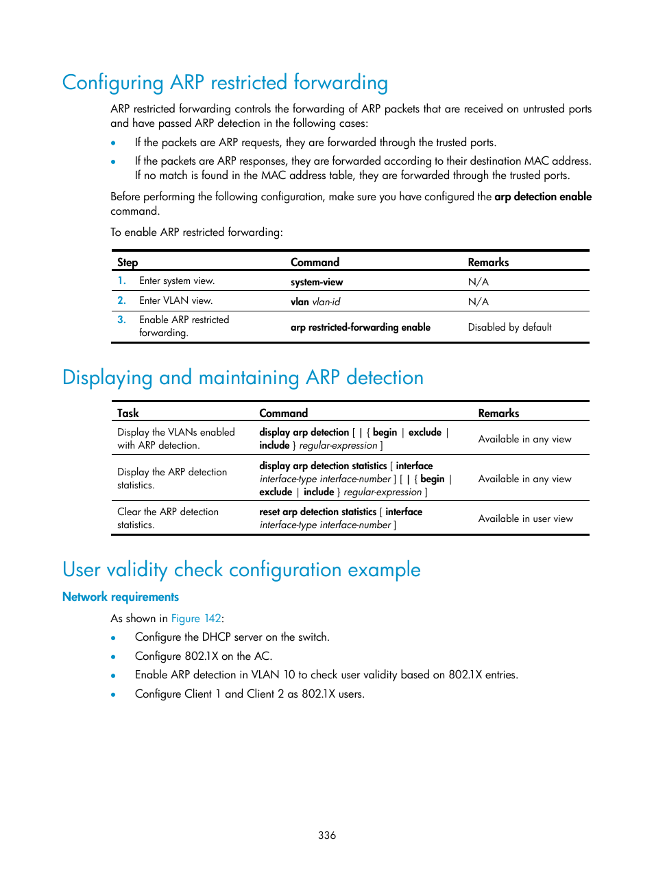 Configuring arp restricted forwarding, Displaying and maintaining arp detection, User validity check configuration example | Network requirements | H3C Technologies H3C WX3000E Series Wireless Switches User Manual | Page 350 / 394