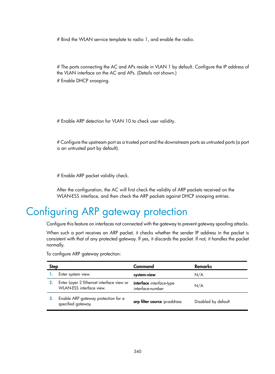 Configuring arp gateway protection | H3C Technologies H3C WX3000E Series Wireless Switches User Manual | Page 354 / 394