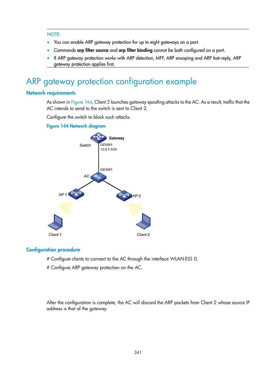 Arp gateway protection configuration example, Network requirements, Configuration procedure | H3C Technologies H3C WX3000E Series Wireless Switches User Manual | Page 355 / 394