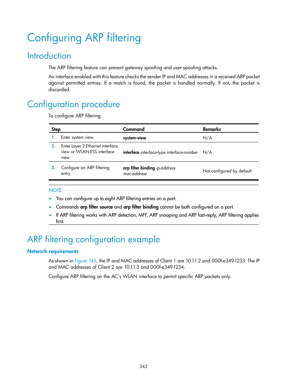 Configuring arp filtering, Introduction, Configuration procedure | Arp filtering configuration example, Network requirements | H3C Technologies H3C WX3000E Series Wireless Switches User Manual | Page 356 / 394