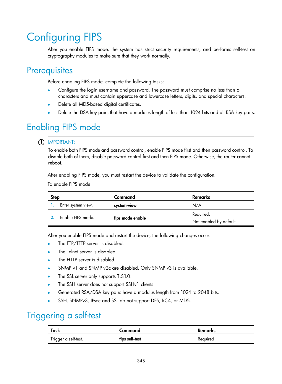 Configuring fips, Prerequisites, Enabling fips mode | Triggering a self-test | H3C Technologies H3C WX3000E Series Wireless Switches User Manual | Page 359 / 394
