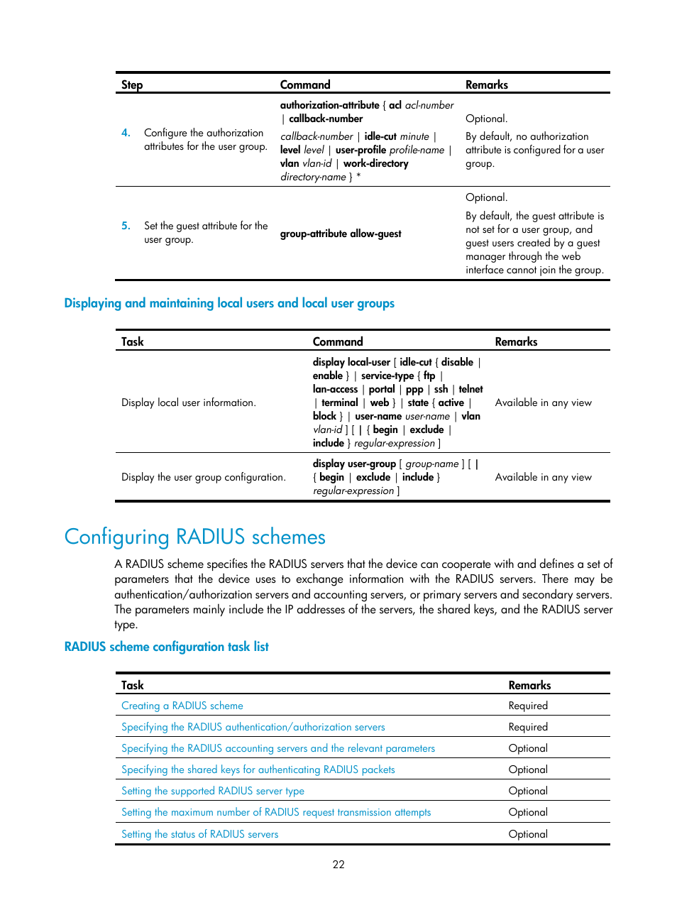 Configuring radius schemes, Radius scheme configuration task list | H3C Technologies H3C WX3000E Series Wireless Switches User Manual | Page 36 / 394