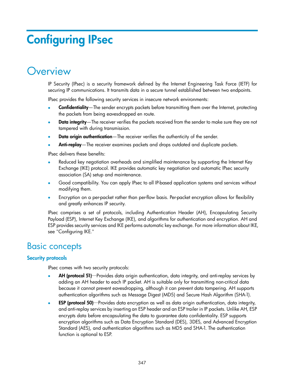 Configuring ipsec, Overview, Basic concepts | Security protocols | H3C Technologies H3C WX3000E Series Wireless Switches User Manual | Page 361 / 394