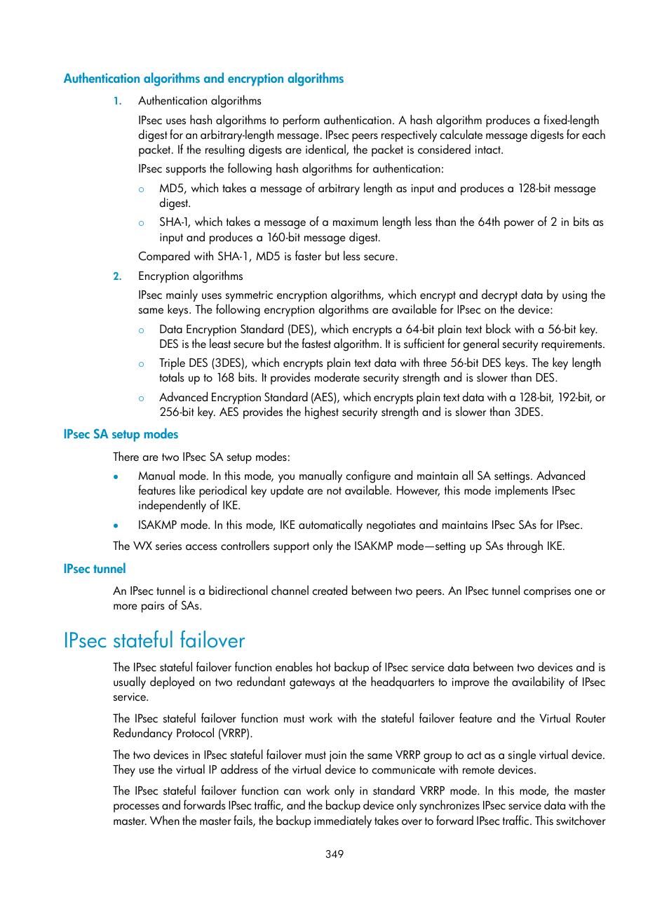 Ipsec sa setup modes, Ipsec tunnel, Ipsec stateful failover | H3C Technologies H3C WX3000E Series Wireless Switches User Manual | Page 363 / 394