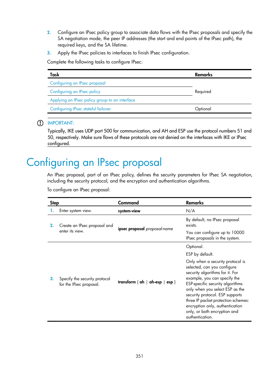 Configuring an ipsec proposal | H3C Technologies H3C WX3000E Series Wireless Switches User Manual | Page 365 / 394