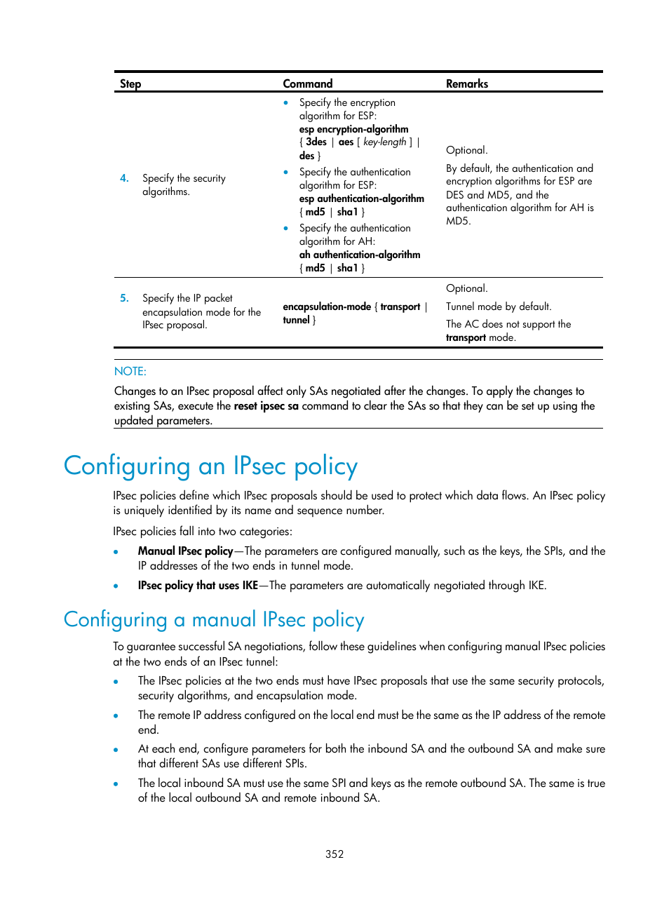 Configuring an ipsec policy, Configuring a manual ipsec policy | H3C Technologies H3C WX3000E Series Wireless Switches User Manual | Page 366 / 394