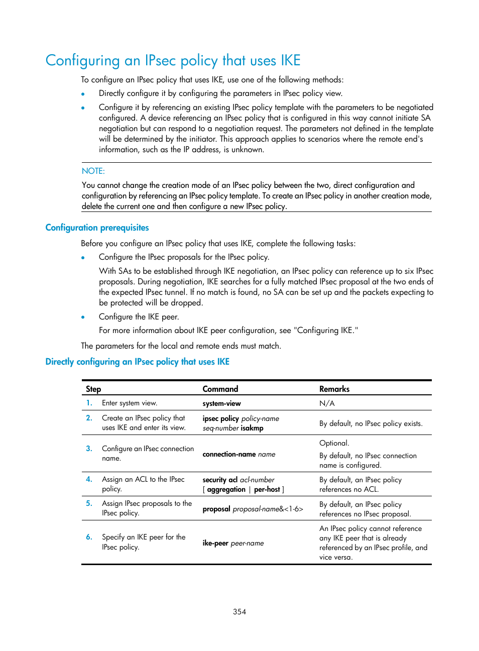 Configuring an ipsec policy that uses ike, Configuration prerequisites, Directly configuring an ipsec policy that uses ike | H3C Technologies H3C WX3000E Series Wireless Switches User Manual | Page 368 / 394