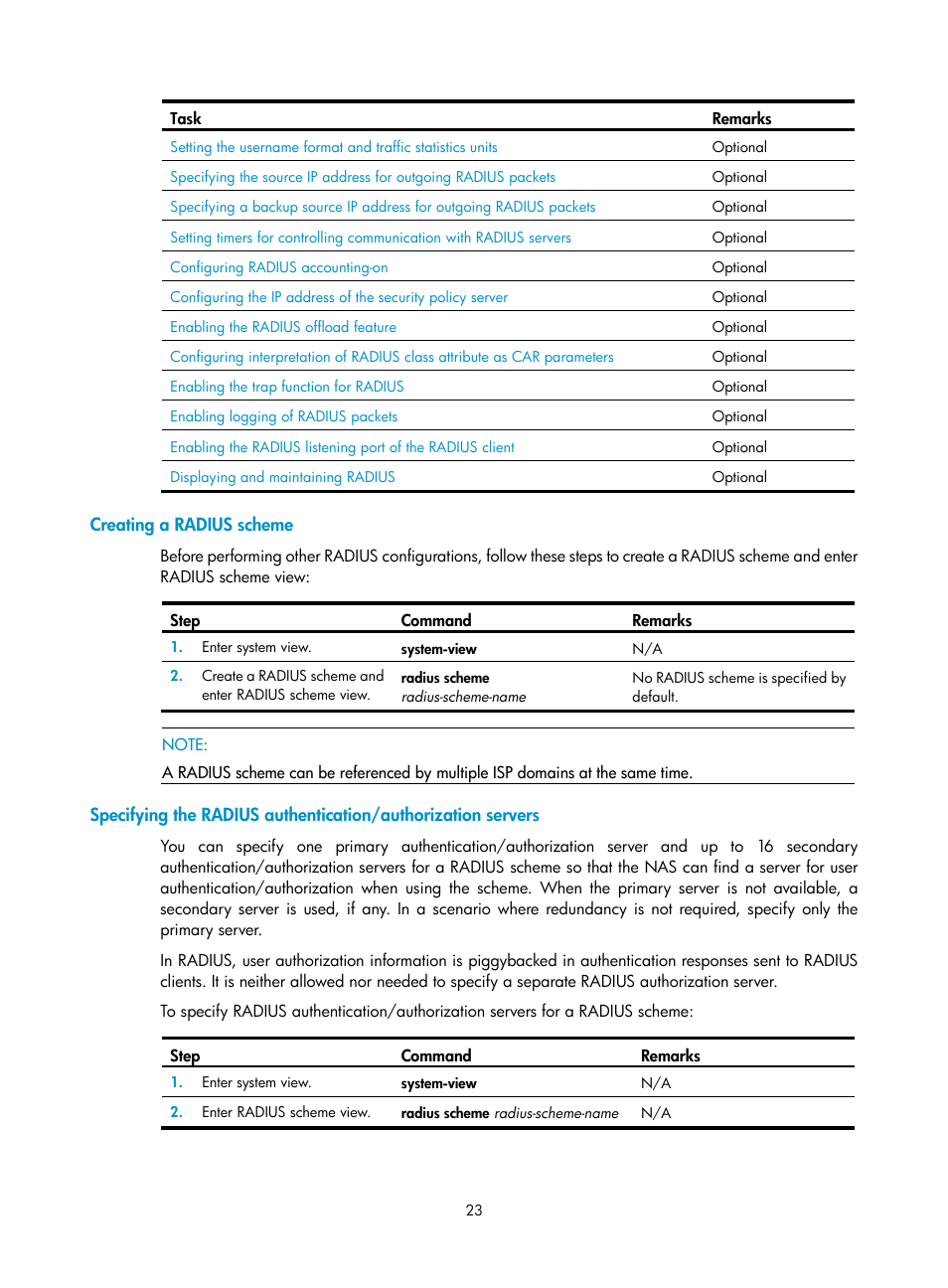 Creating a radius scheme | H3C Technologies H3C WX3000E Series Wireless Switches User Manual | Page 37 / 394