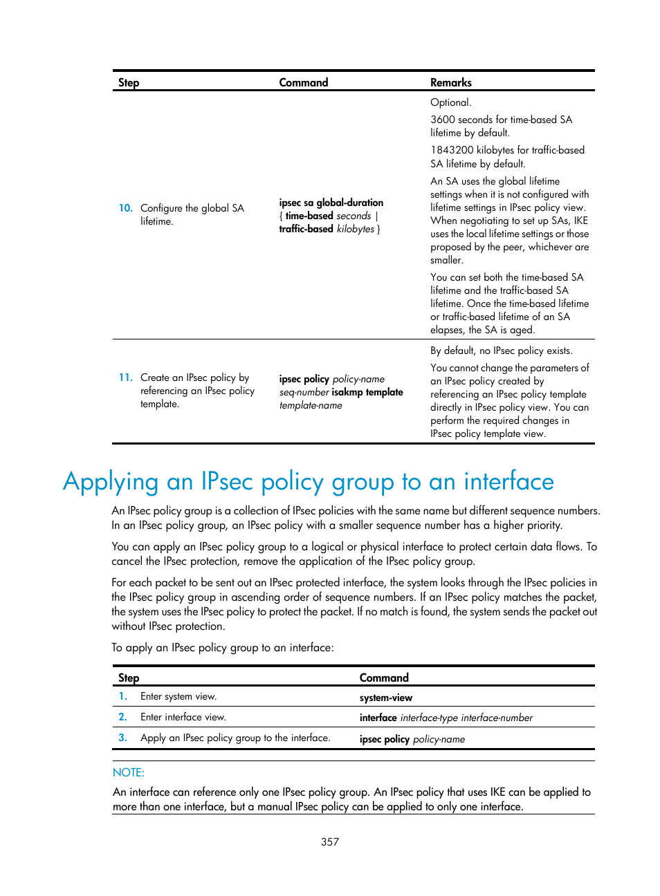 Applying an ipsec policy group to an interface | H3C Technologies H3C WX3000E Series Wireless Switches User Manual | Page 371 / 394