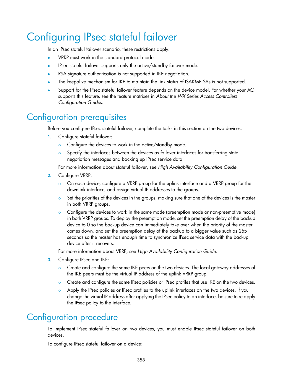Configuring ipsec stateful failover, Configuration prerequisites, Configuration procedure | H3C Technologies H3C WX3000E Series Wireless Switches User Manual | Page 372 / 394