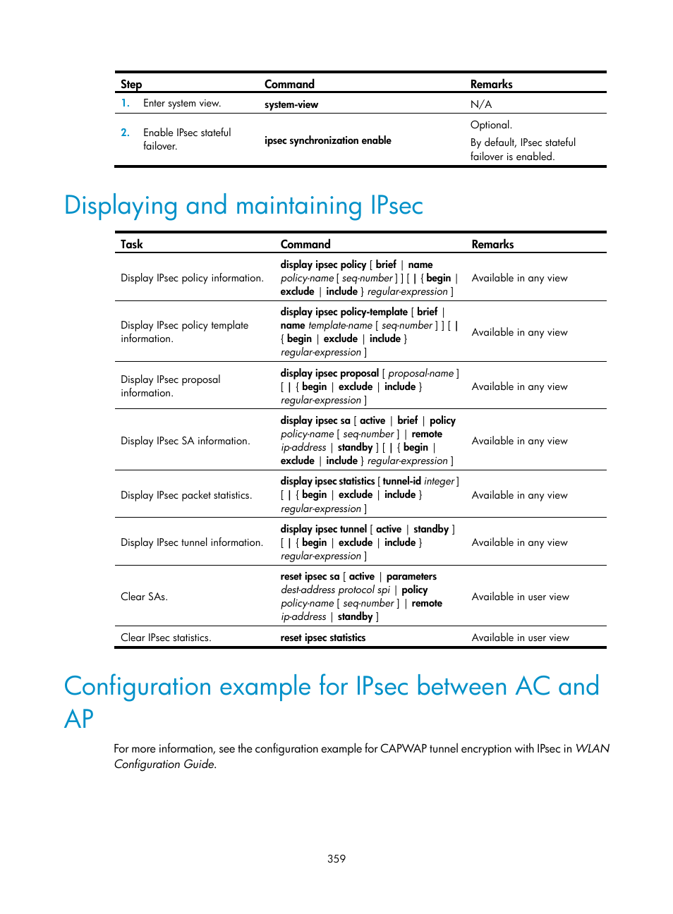 Displaying and maintaining ipsec, Configuration example for ipsec between ac and ap | H3C Technologies H3C WX3000E Series Wireless Switches User Manual | Page 373 / 394
