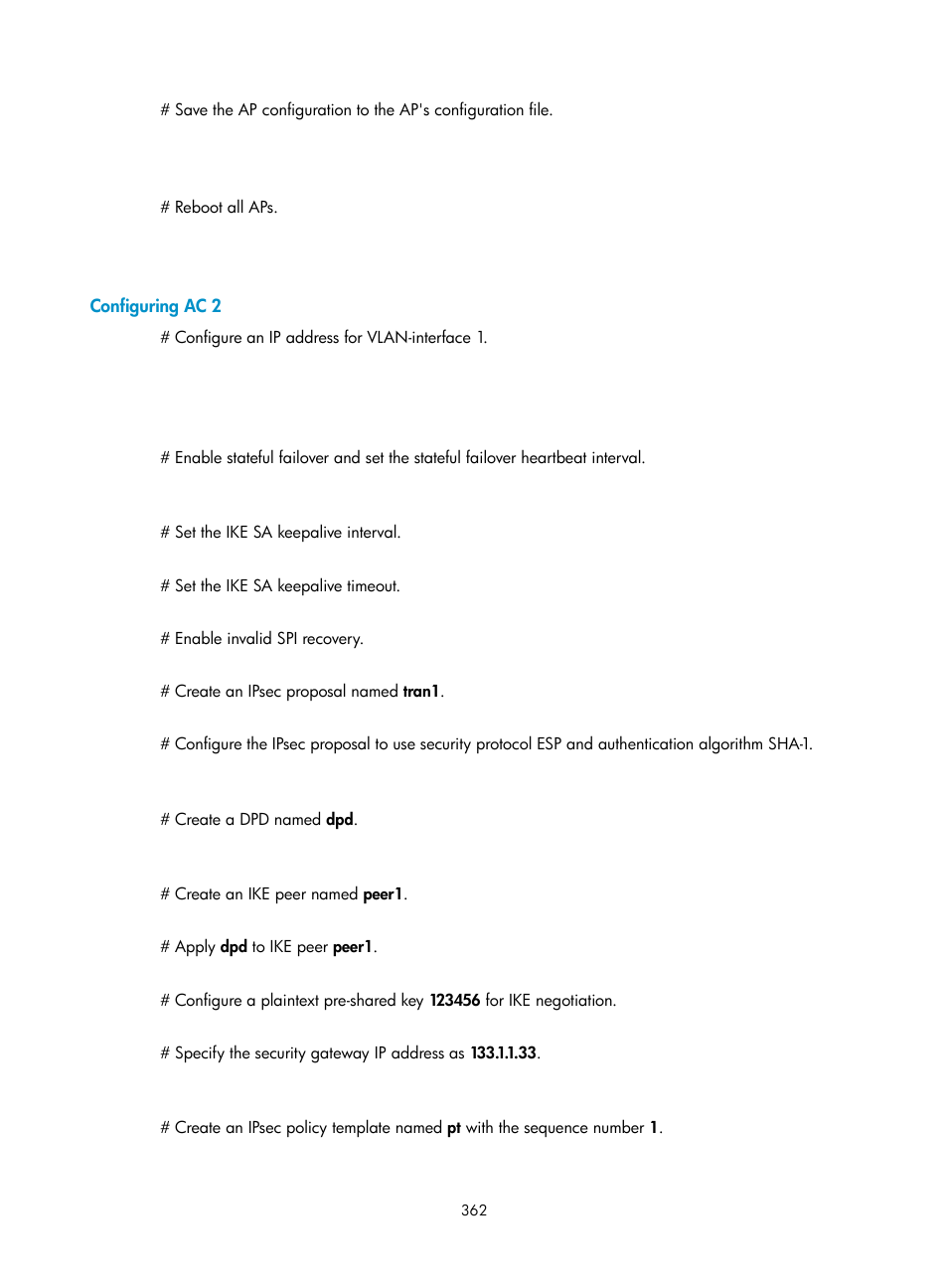 Configuring ac 2 | H3C Technologies H3C WX3000E Series Wireless Switches User Manual | Page 376 / 394