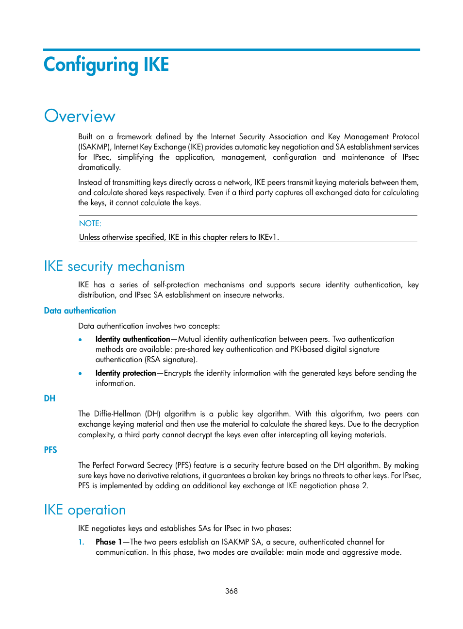 Configuring ike, Overview, Ike security mechanism | Data authentication, Ike operation | H3C Technologies H3C WX3000E Series Wireless Switches User Manual | Page 382 / 394