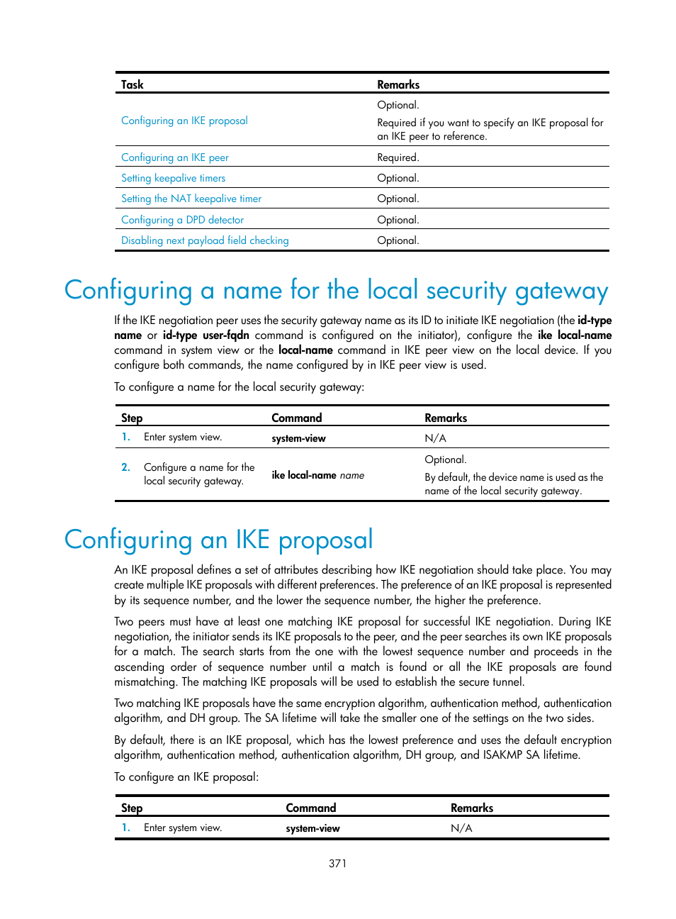 Configuring a name for the local security gateway, Configuring an ike proposal | H3C Technologies H3C WX3000E Series Wireless Switches User Manual | Page 385 / 394