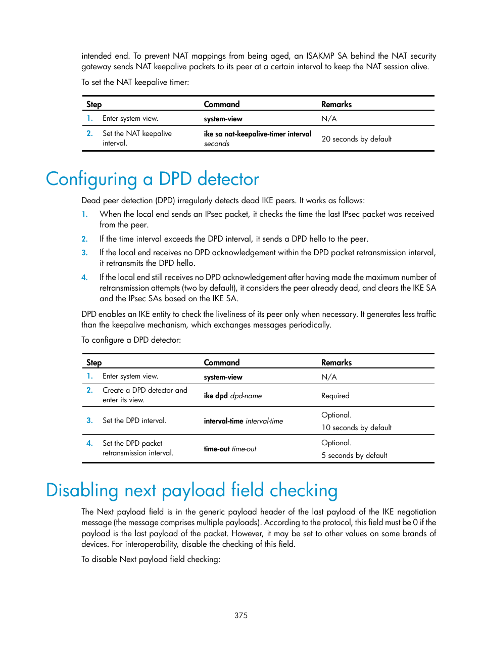 Configuring a dpd detector, Disabling next payload field checking | H3C Technologies H3C WX3000E Series Wireless Switches User Manual | Page 389 / 394