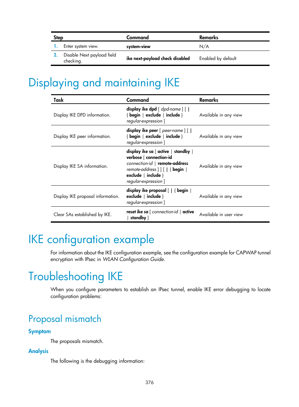 Displaying and maintaining ike, Ike configuration example, Troubleshooting ike | Proposal mismatch, Symptom, Analysis | H3C Technologies H3C WX3000E Series Wireless Switches User Manual | Page 390 / 394