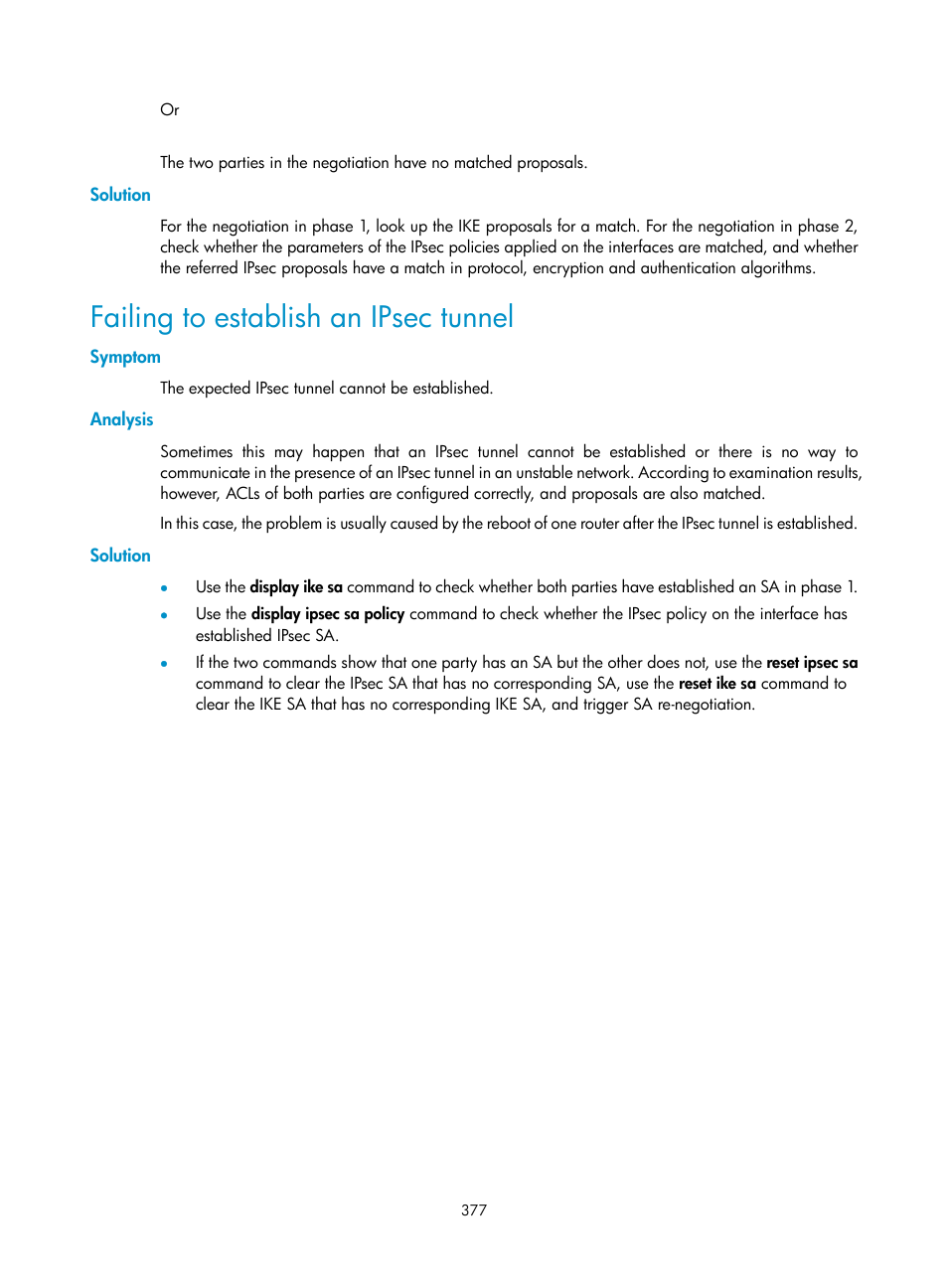 Solution, Failing to establish an ipsec tunnel, Symptom | Analysis | H3C Technologies H3C WX3000E Series Wireless Switches User Manual | Page 391 / 394