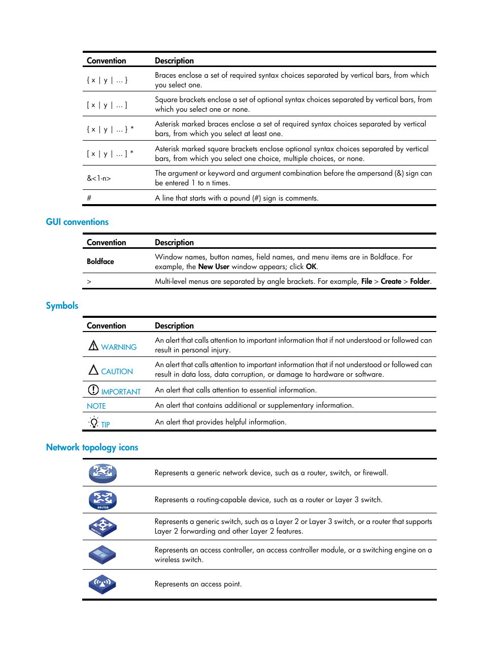 Gui conventions, Symbols, Network topology icons | H3C Technologies H3C WX3000E Series Wireless Switches User Manual | Page 4 / 394