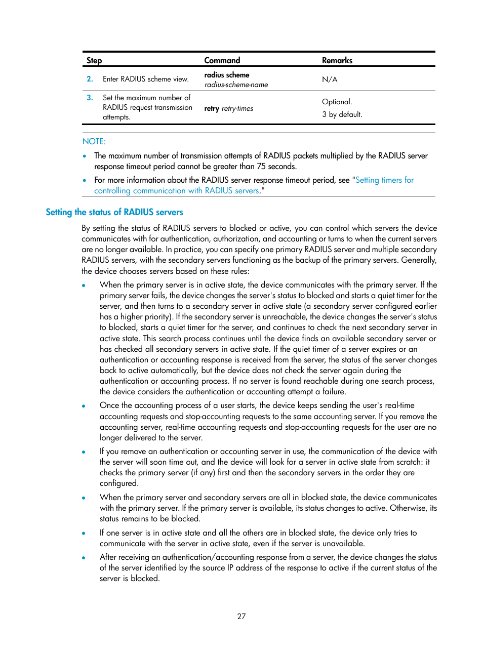 Setting the status of radius servers, Setting the status of, Radius servers | H3C Technologies H3C WX3000E Series Wireless Switches User Manual | Page 41 / 394