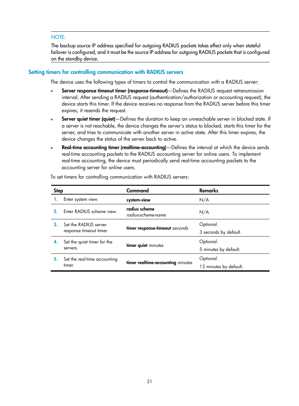 Setting timers for, Controlling communication with radius servers | H3C Technologies H3C WX3000E Series Wireless Switches User Manual | Page 45 / 394