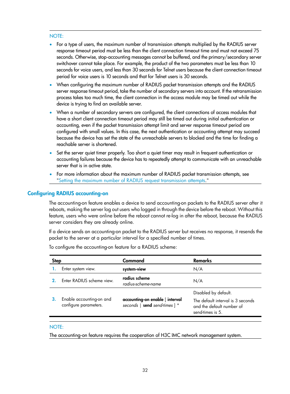 Configuring radius accounting-on | H3C Technologies H3C WX3000E Series Wireless Switches User Manual | Page 46 / 394