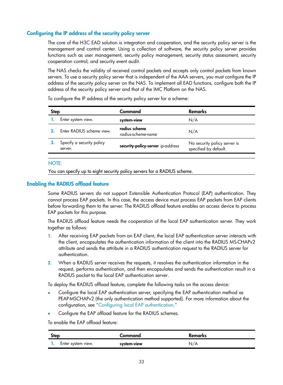 Enabling the radius offload feature | H3C Technologies H3C WX3000E Series Wireless Switches User Manual | Page 47 / 394
