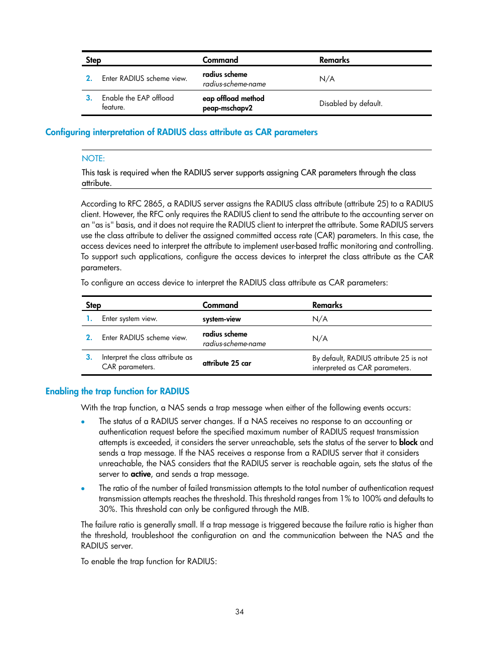 Enabling the trap function for radius | H3C Technologies H3C WX3000E Series Wireless Switches User Manual | Page 48 / 394