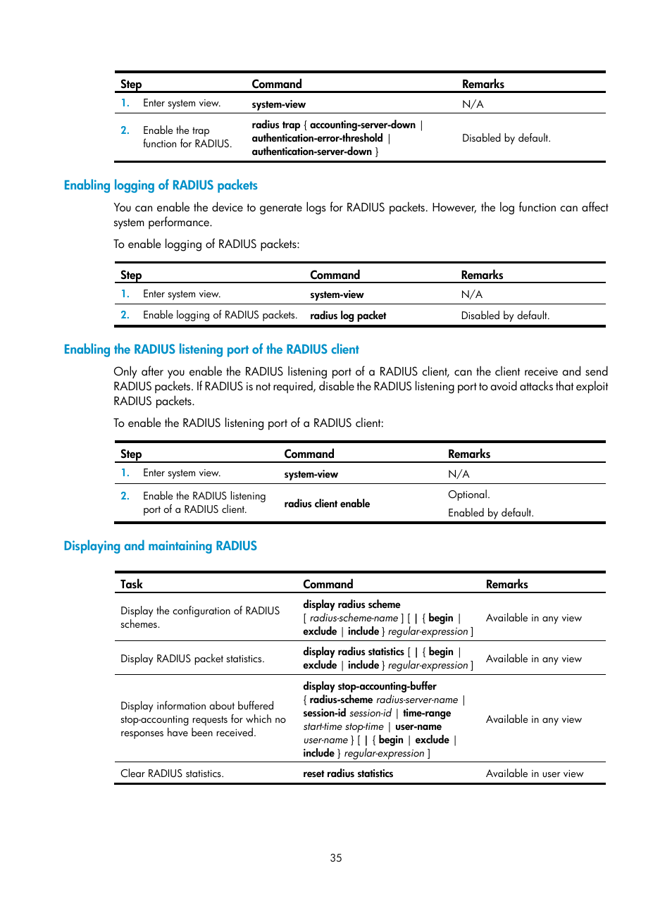 Enabling logging of radius packets, Displaying and maintaining radius | H3C Technologies H3C WX3000E Series Wireless Switches User Manual | Page 49 / 394