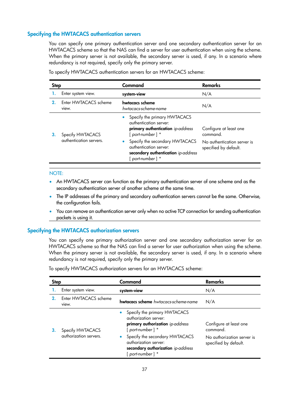 Specifying the hwtacacs authentication servers, Specifying the hwtacacs authorization servers | H3C Technologies H3C WX3000E Series Wireless Switches User Manual | Page 51 / 394