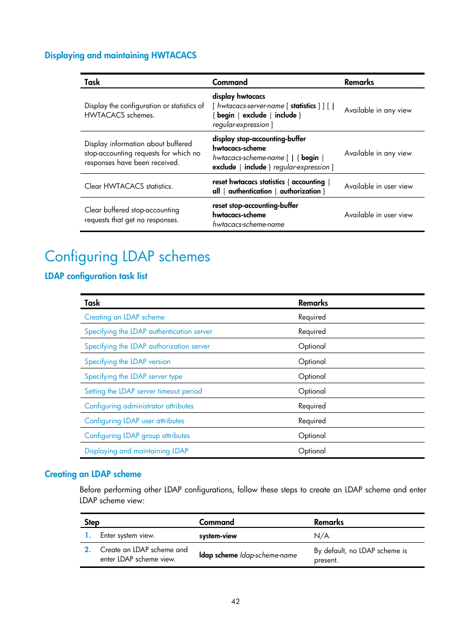 Displaying and maintaining hwtacacs, Configuring ldap schemes, Ldap configuration task list | Creating an ldap scheme | H3C Technologies H3C WX3000E Series Wireless Switches User Manual | Page 56 / 394