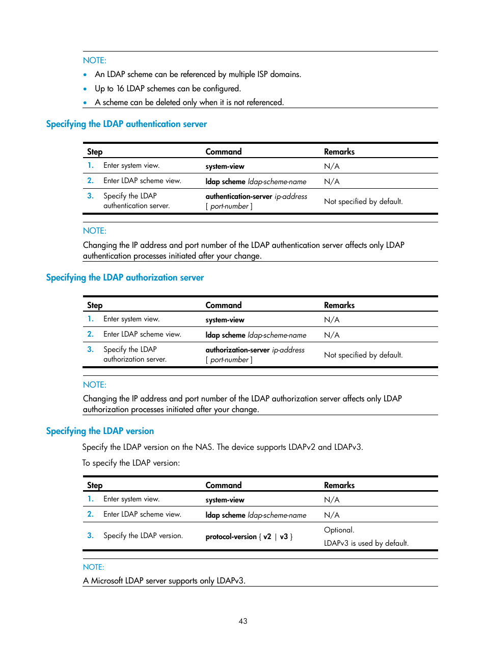 Specifying the ldap authentication server, Specifying the ldap authorization server, Specifying the ldap version | H3C Technologies H3C WX3000E Series Wireless Switches User Manual | Page 57 / 394