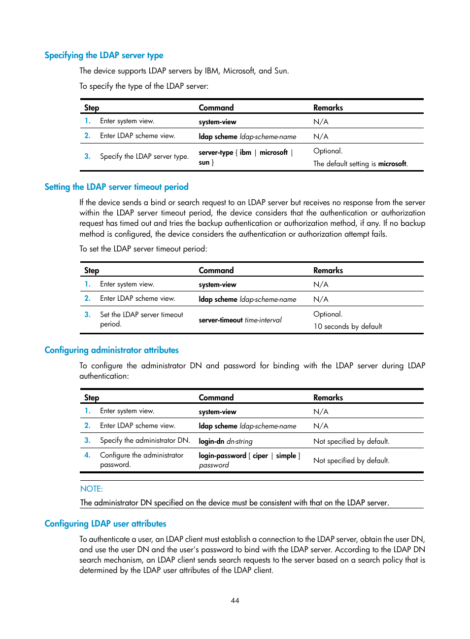 Specifying the ldap server type, Setting the ldap server timeout period, Configuring administrator attributes | Configuring ldap user attributes | H3C Technologies H3C WX3000E Series Wireless Switches User Manual | Page 58 / 394