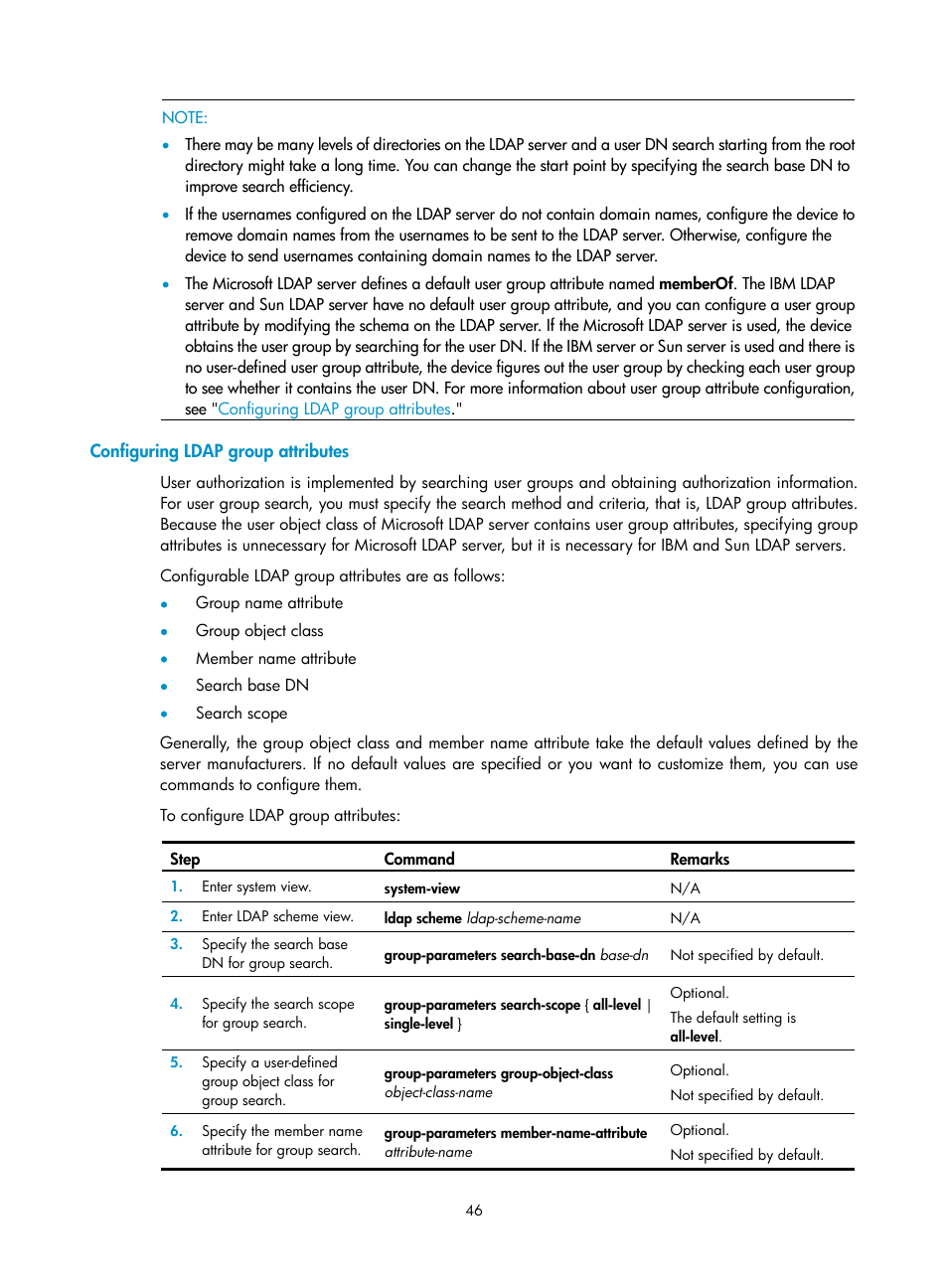 Configuring ldap group attributes | H3C Technologies H3C WX3000E Series Wireless Switches User Manual | Page 60 / 394
