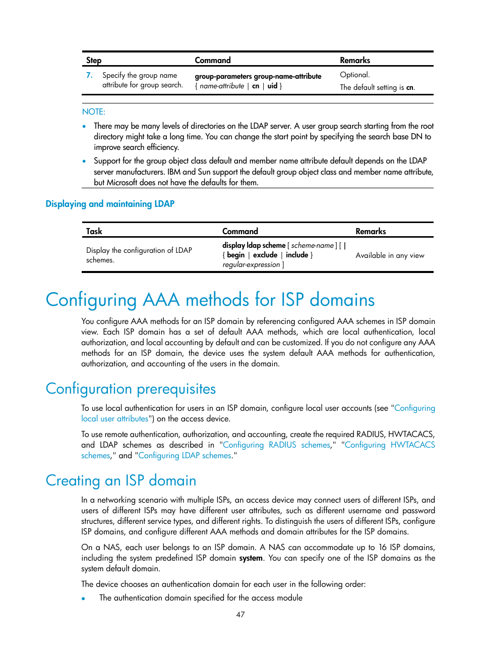 Displaying and maintaining ldap, Configuring aaa methods for isp domains, Configuration prerequisites | Creating an isp domain | H3C Technologies H3C WX3000E Series Wireless Switches User Manual | Page 61 / 394