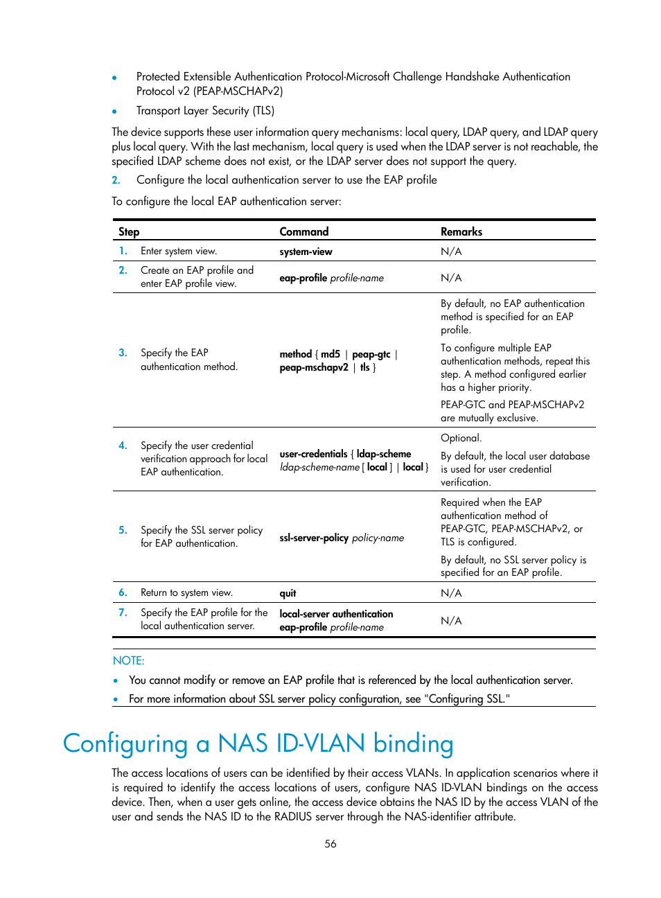 Configuring a nas id-vlan binding | H3C Technologies H3C WX3000E Series Wireless Switches User Manual | Page 70 / 394