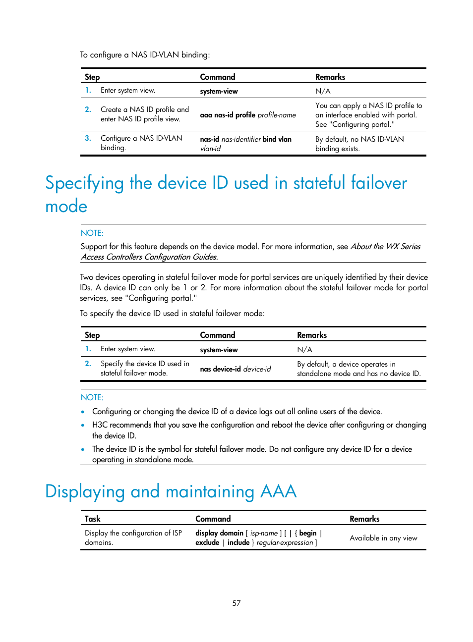 Displaying and maintaining aaa | H3C Technologies H3C WX3000E Series Wireless Switches User Manual | Page 71 / 394