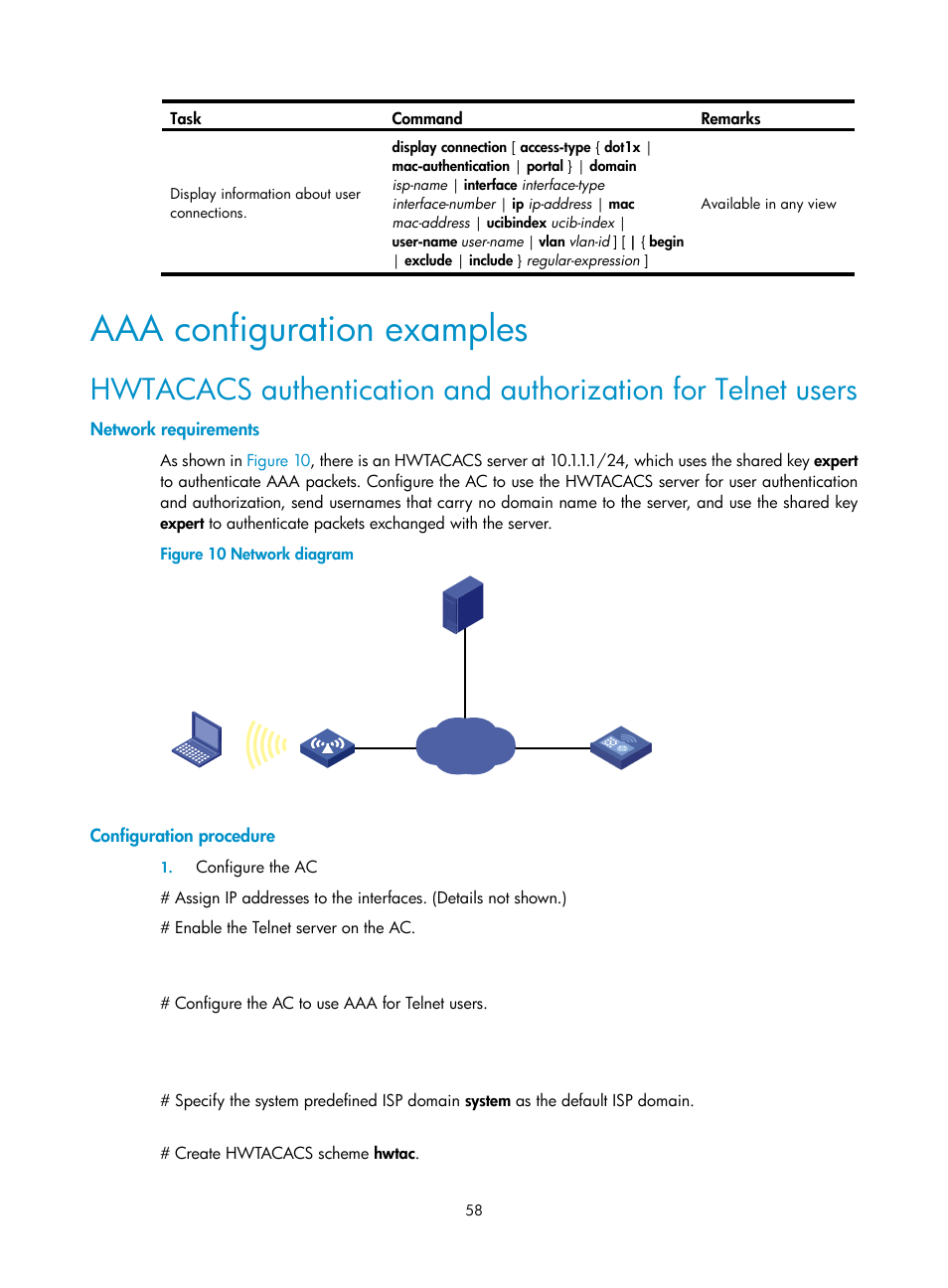 Aaa configuration examples, Network requirements, Configuration procedure | H3C Technologies H3C WX3000E Series Wireless Switches User Manual | Page 72 / 394
