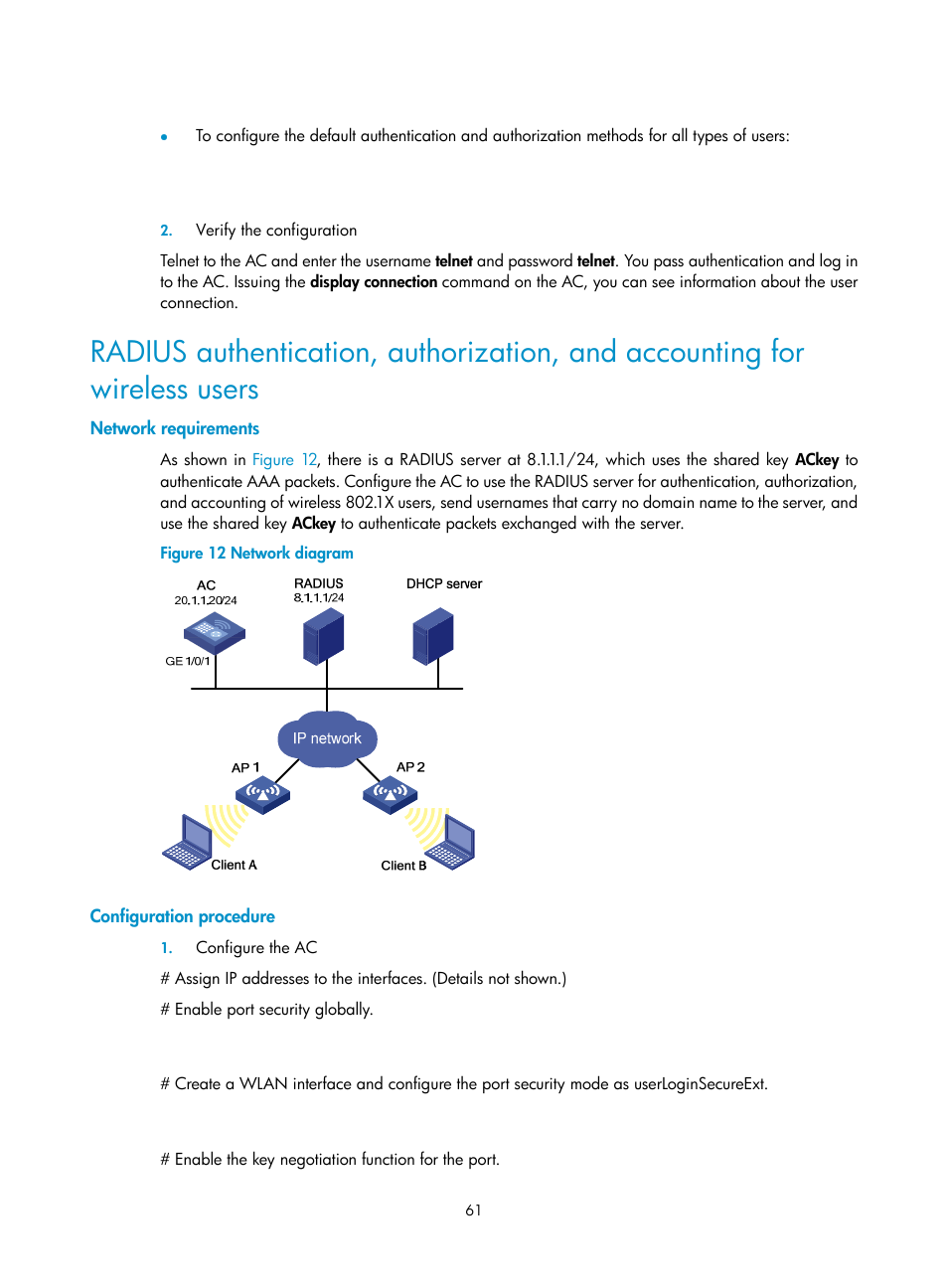 Network requirements, Configuration procedure | H3C Technologies H3C WX3000E Series Wireless Switches User Manual | Page 75 / 394