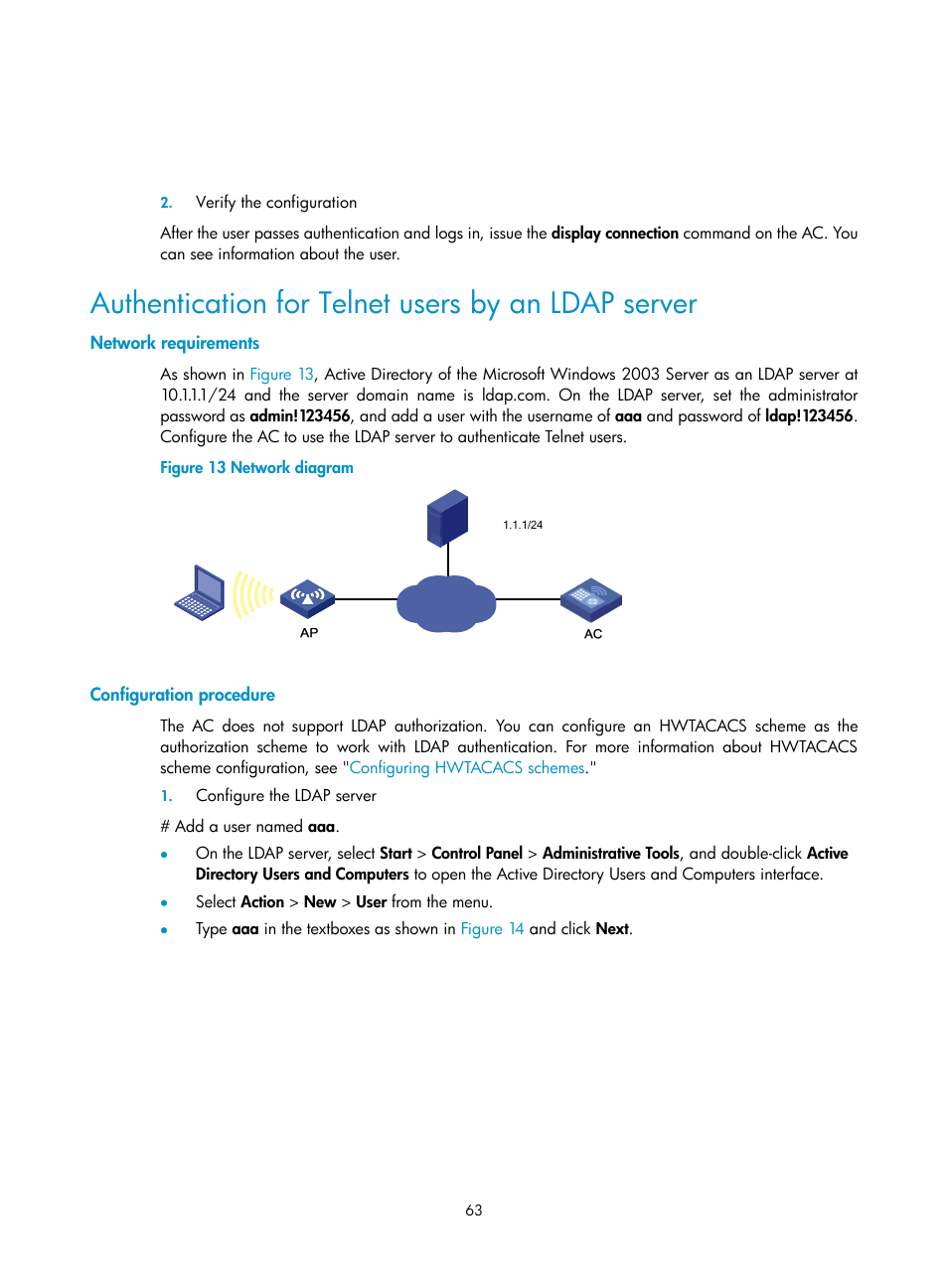 Authentication for telnet users by an ldap server, Network requirements, Configuration procedure | H3C Technologies H3C WX3000E Series Wireless Switches User Manual | Page 77 / 394