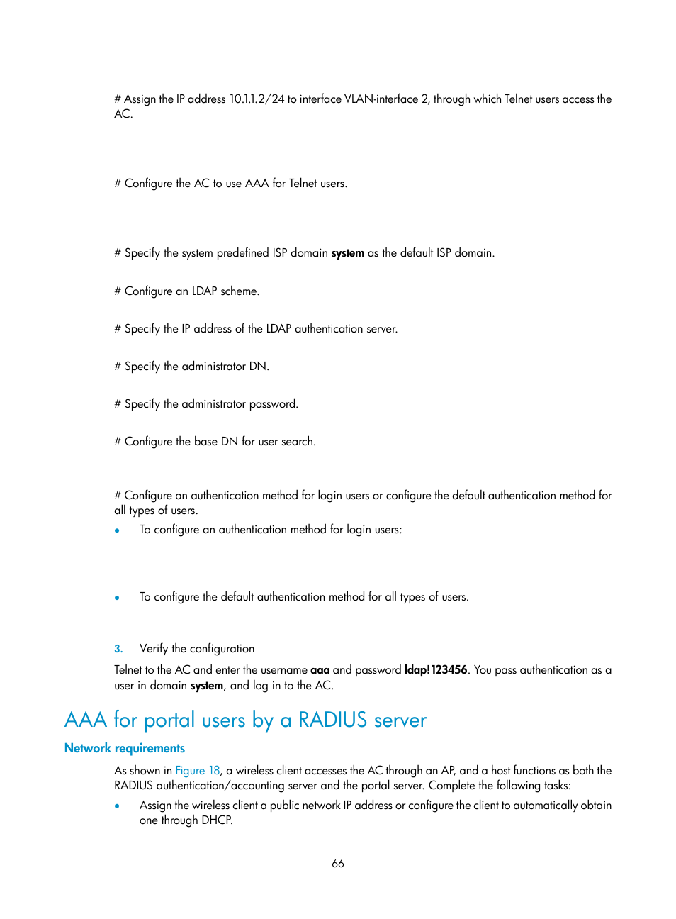 Aaa for portal users by a radius server, Network requirements | H3C Technologies H3C WX3000E Series Wireless Switches User Manual | Page 80 / 394
