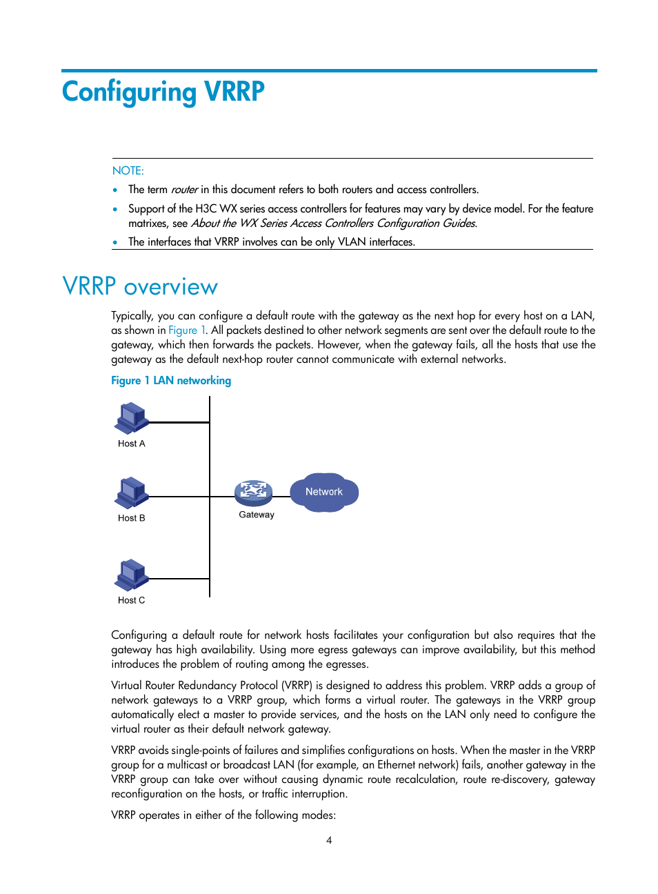 Configuring vrrp, Vrrp overview | H3C Technologies H3C WX3000E Series Wireless Switches User Manual | Page 12 / 62