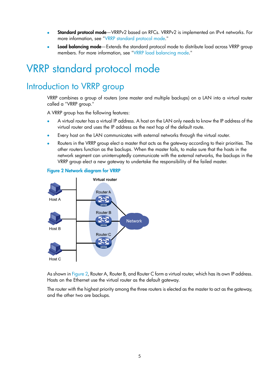 Vrrp standard protocol mode, Introduction to vrrp group | H3C Technologies H3C WX3000E Series Wireless Switches User Manual | Page 13 / 62