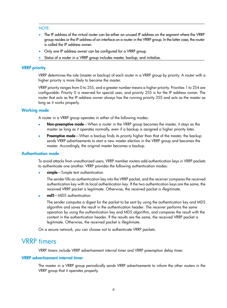 Vrrp priority, Working mode, Authentication mode | Vrrp timers, Vrrp advertisement interval timer | H3C Technologies H3C WX3000E Series Wireless Switches User Manual | Page 14 / 62