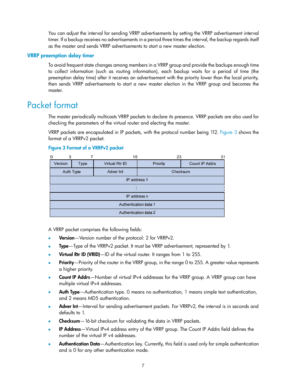 Vrrp preemption delay timer, Packet format | H3C Technologies H3C WX3000E Series Wireless Switches User Manual | Page 15 / 62