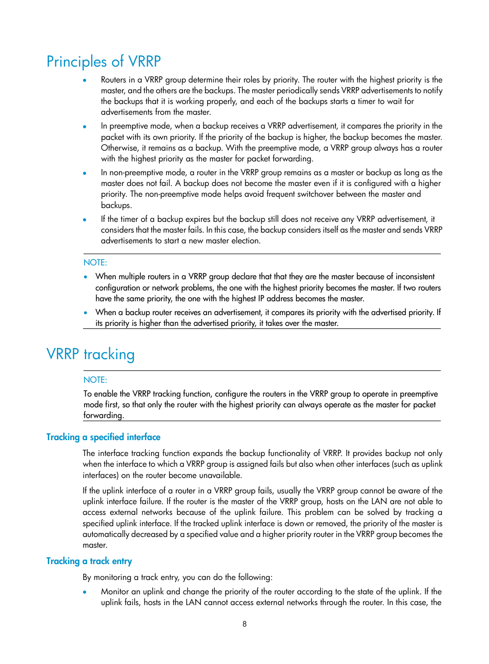 Principles of vrrp, Vrrp tracking, Tracking a specified interface | Tracking a track entry | H3C Technologies H3C WX3000E Series Wireless Switches User Manual | Page 16 / 62