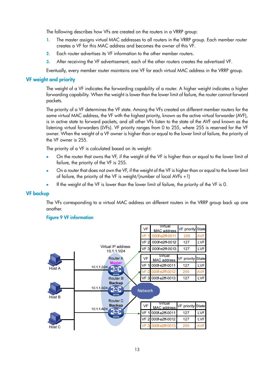 Vf weight and priority, Vf backup | H3C Technologies H3C WX3000E Series Wireless Switches User Manual | Page 21 / 62