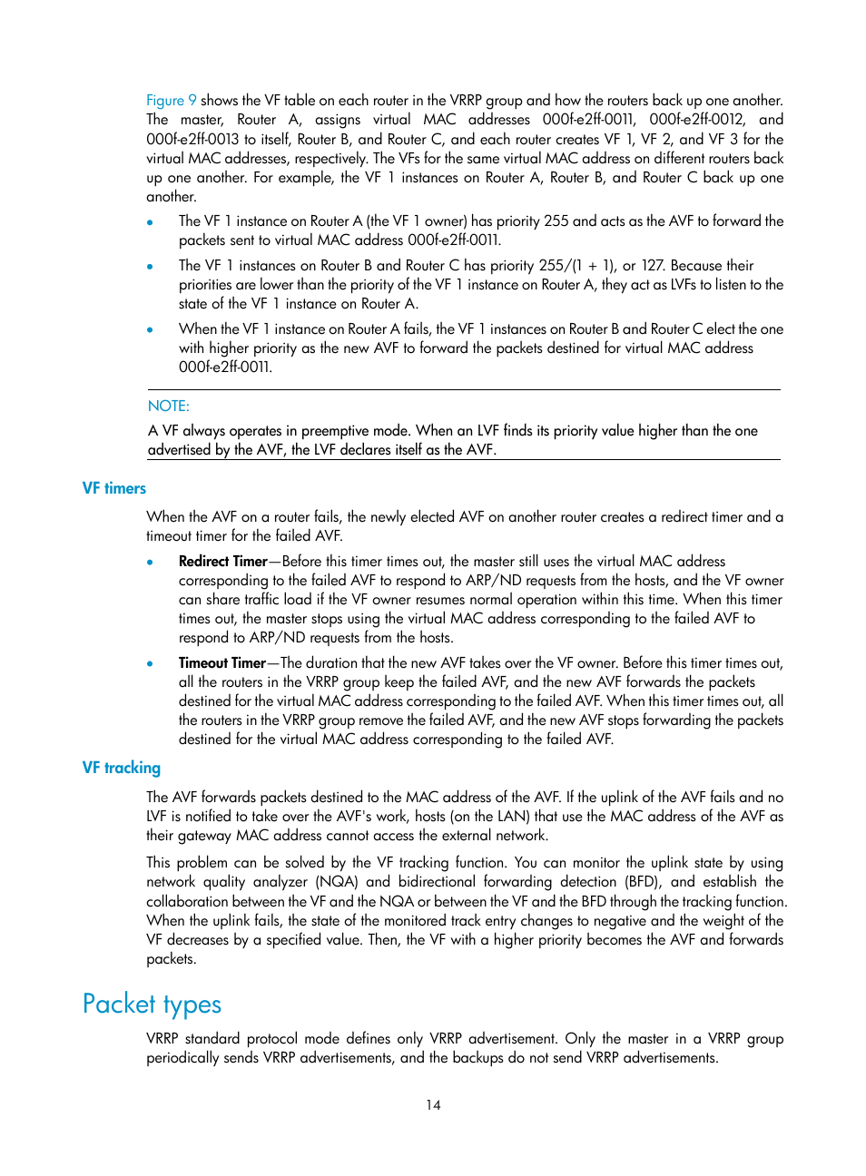 Vf timers, Vf tracking, Packet types | H3C Technologies H3C WX3000E Series Wireless Switches User Manual | Page 22 / 62