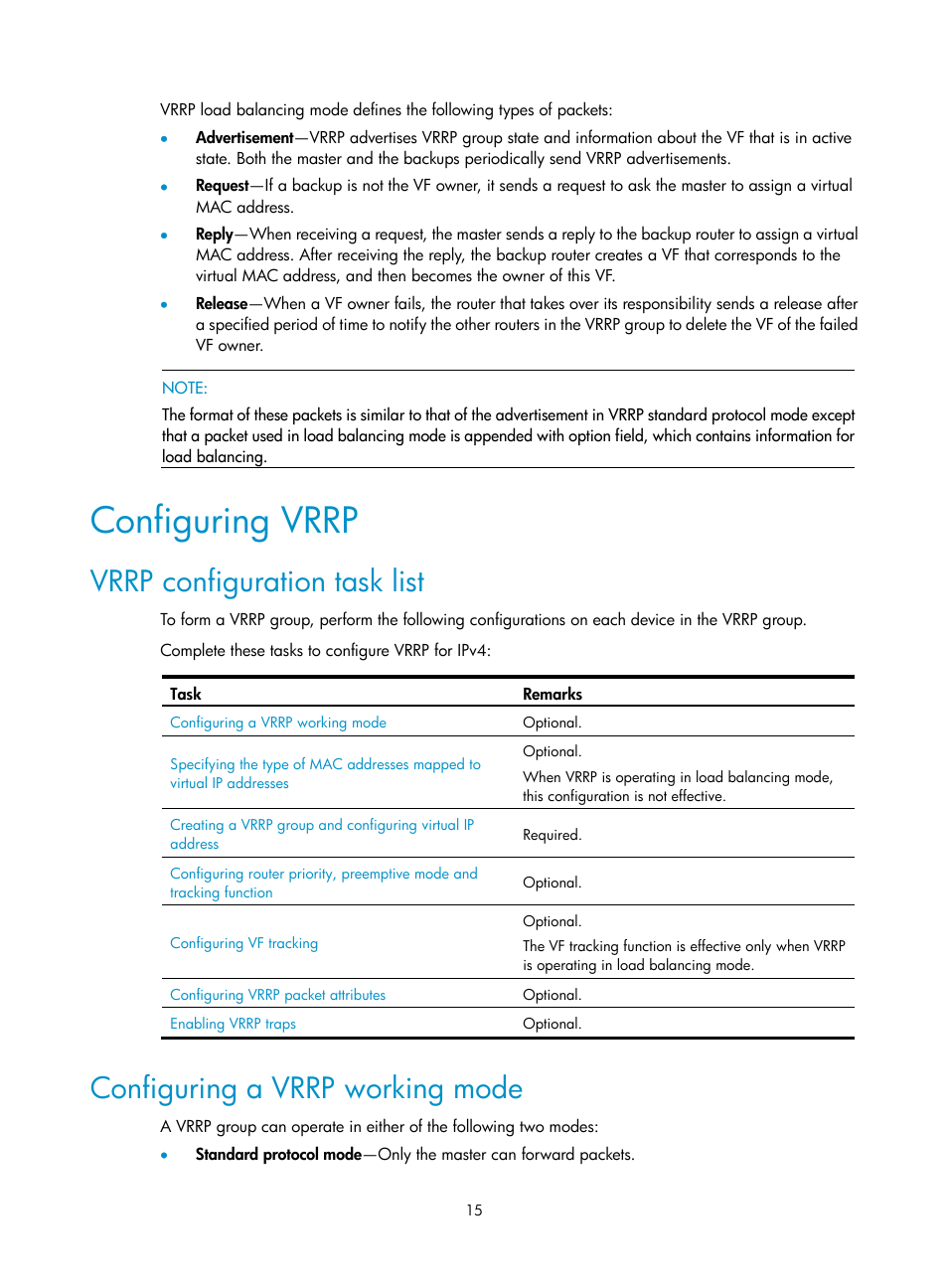 Configuring vrrp, Vrrp configuration task list, Configuring a vrrp working mode | H3C Technologies H3C WX3000E Series Wireless Switches User Manual | Page 23 / 62