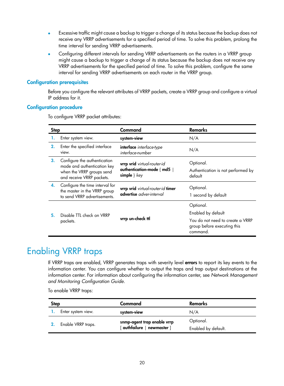 Configuration prerequisites, Configuration procedure, Enabling vrrp traps | H3C Technologies H3C WX3000E Series Wireless Switches User Manual | Page 28 / 62